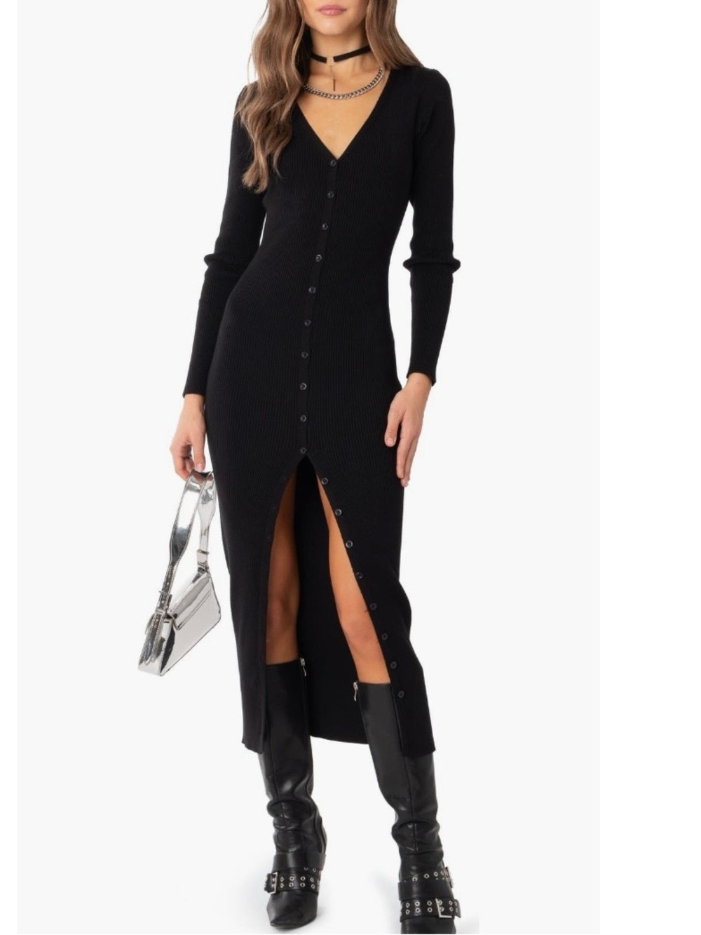 Edikted Jazlyn Long Sleeve Sweater Dress Ribbed Button Front Maxi Size M Black